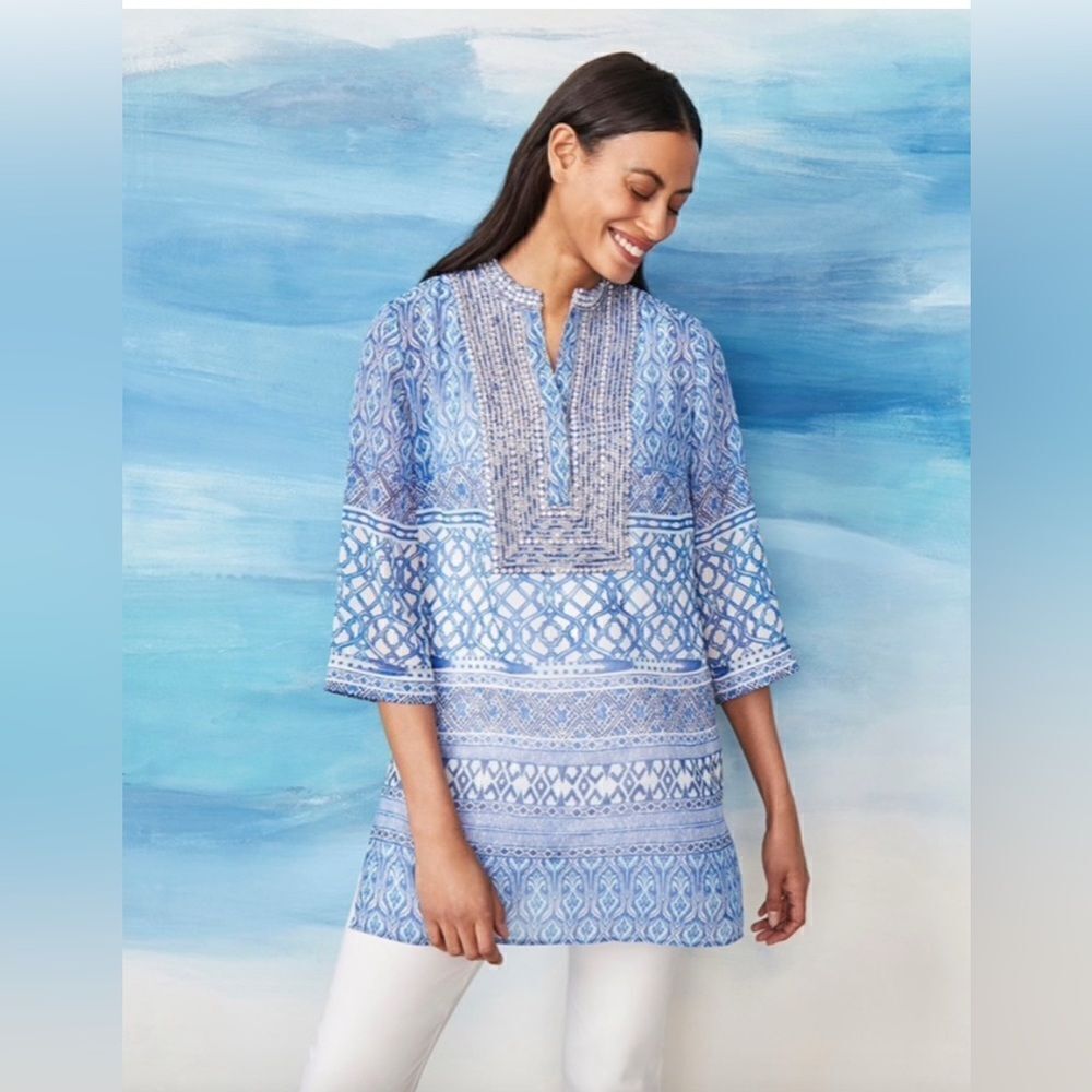 Chico's Petite Blue Mixed Print Silver Sequin Embellished Tunic Top